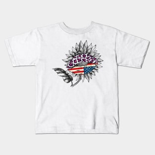 Cute Sunflower 4th of July Gift - Leopard American Flag Sunflower Holiday Gift Kids T-Shirt